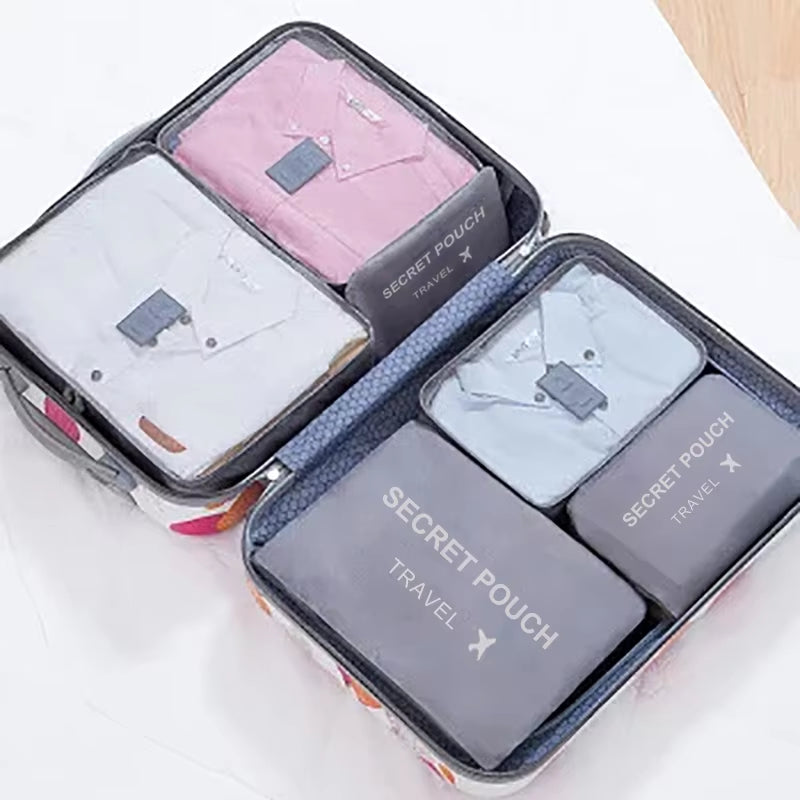 6-Piece Set of Large Capacity Waterproof Travel Storage Bags in Pink, Blue, and Grey with Zipper Closure for Clothing and Underwear
