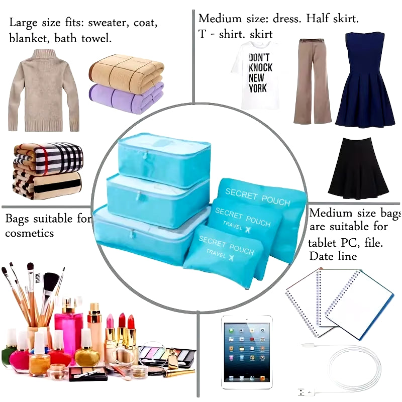 6-Piece Set of Large Capacity Waterproof Travel Storage Bags in Pink, Blue, and Grey with Zipper Closure for Clothing and Underwear