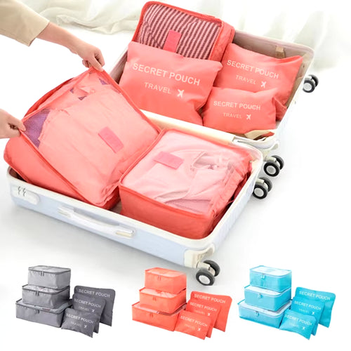 6-Piece Set of Large Capacity Waterproof Travel Storage Bags in Pink, Blue, and Grey with Zipper Closure for Clothing and Underwear
